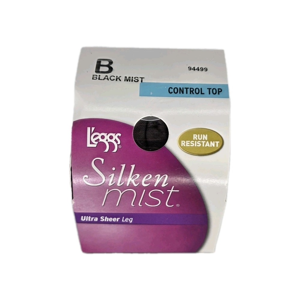 Leggs Silken Mist Pantyhose Ultra Sheer Leg Sz B Black Control Top Run Resistant